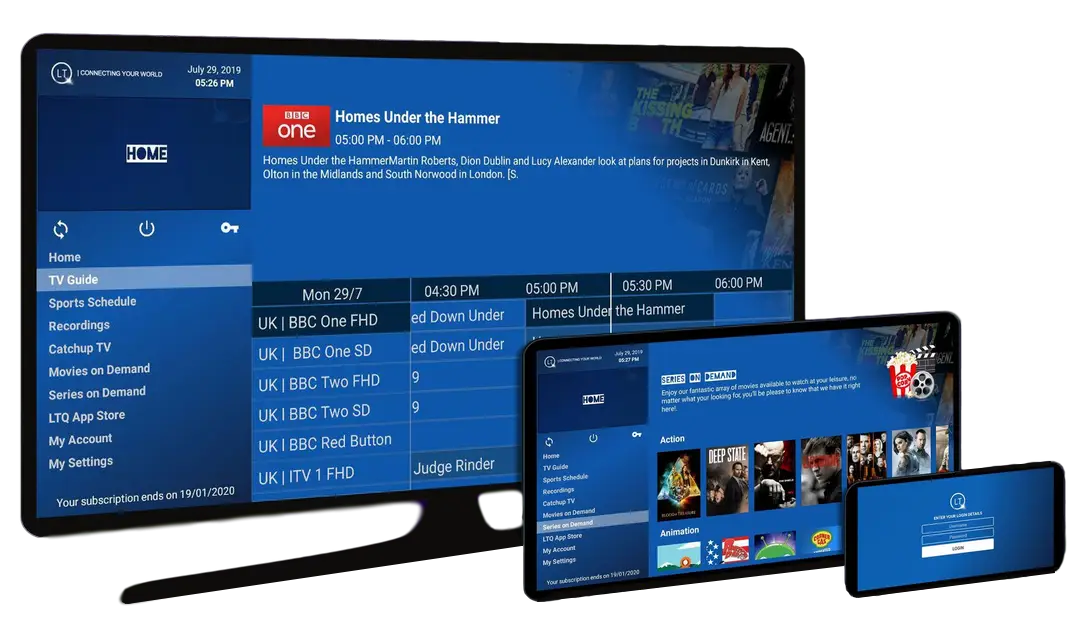 StreamVault IPTV on multiple devices showing live TV, movies on demand, and series across TV, tablet, and smartphone